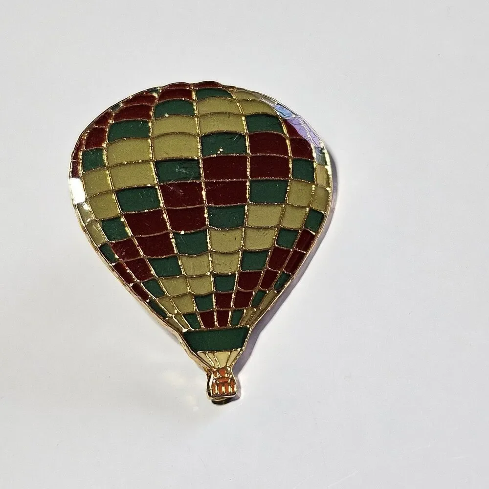 Vintage Gold Tone Enameled Cloisonne Hot Air Balloon Tie Lapel Pin Teal Red